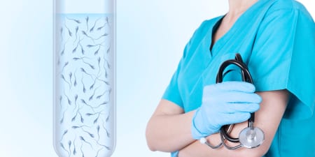 An urologist and a test tube filled with sperms illustrate male fertility testing.