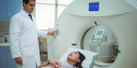 A patient undergoing PET-CT scan for prostate cancer diagnosis.