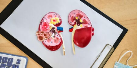 A pair of kidney model showing the stone formation inside kidneys.