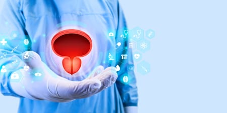 An urologist holding a urinary bladder for urodynamic testing.