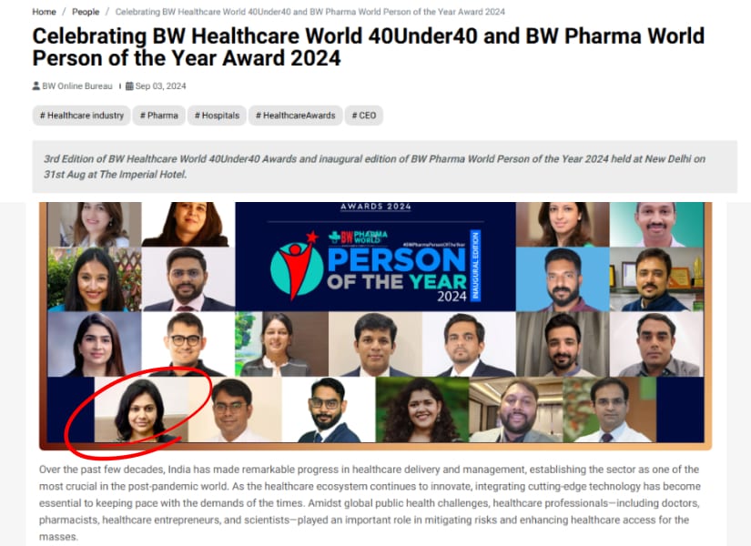 Dr. Aarthy listed in the BW Online Bureau for BW Healthcare World 40 Under 40 and BW Pharma Person of the Year Award 2024.