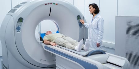 A patient undergoing PET-CT scan for prostate cancer diagnosis.