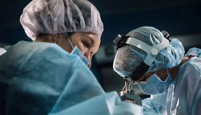 Close-up view or urologists performing a robotic reconstructive surgery.