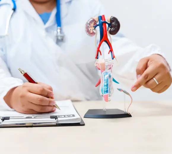 An urologist pointing to a prostate model for creating awareness on bladder cancer.