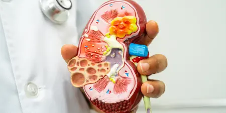 A close-up view of an urologist with a kidney model mentioning the indications of kidney cancer.