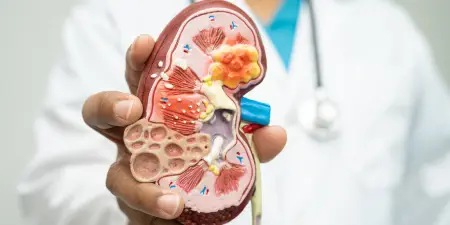 An urologist holds a kidney with malignant and Benign growths.