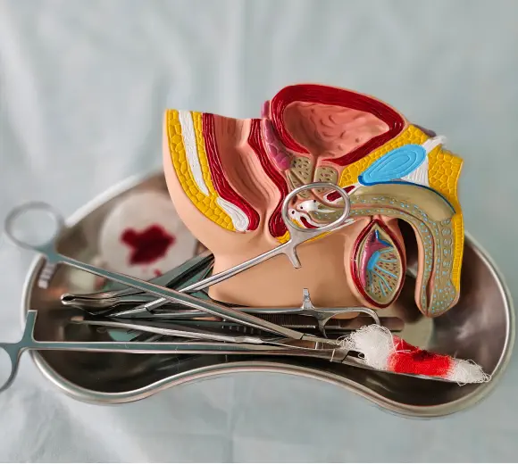 A model of penis with surgical tools illustrate the surgery for penile cancer.