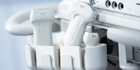 Close-up view of an ultrasound machine for diagnosing testicular surgery.