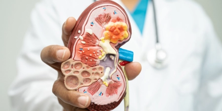 An urologist holds a kidney with malignant and Benign growths.