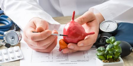 An urologist pointing a urinary bladder model for bladder diverticula.