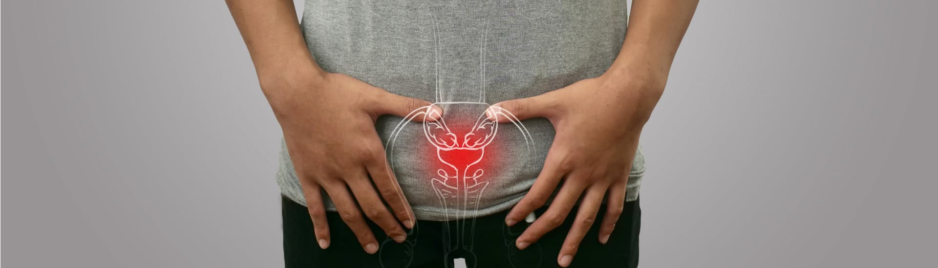 A man in pain in his lower abdomen due to prostate cancer.